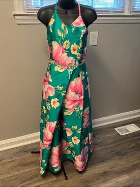 Amy Byer,teenager Floral Green and Pink Halter Maxi Dress size16